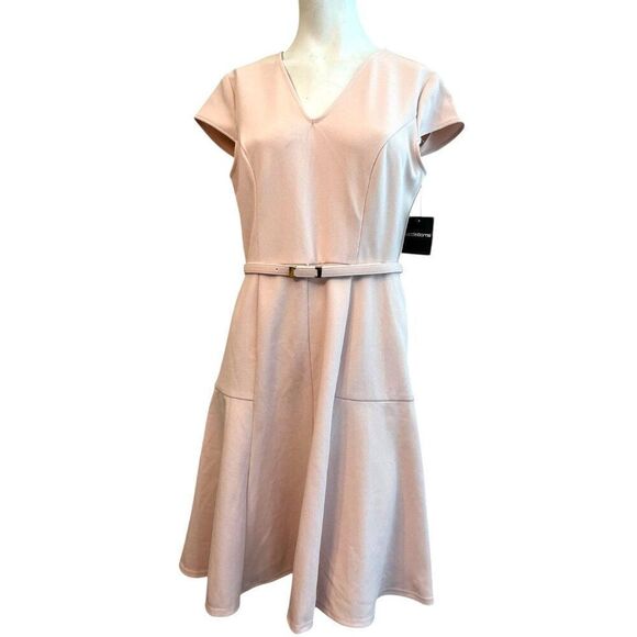 LIZ CLAIBORNE Size 4 Short Sleeve V Neck Pale Pink Belted Dress Manor Garden NWT - Picture 1 of 4